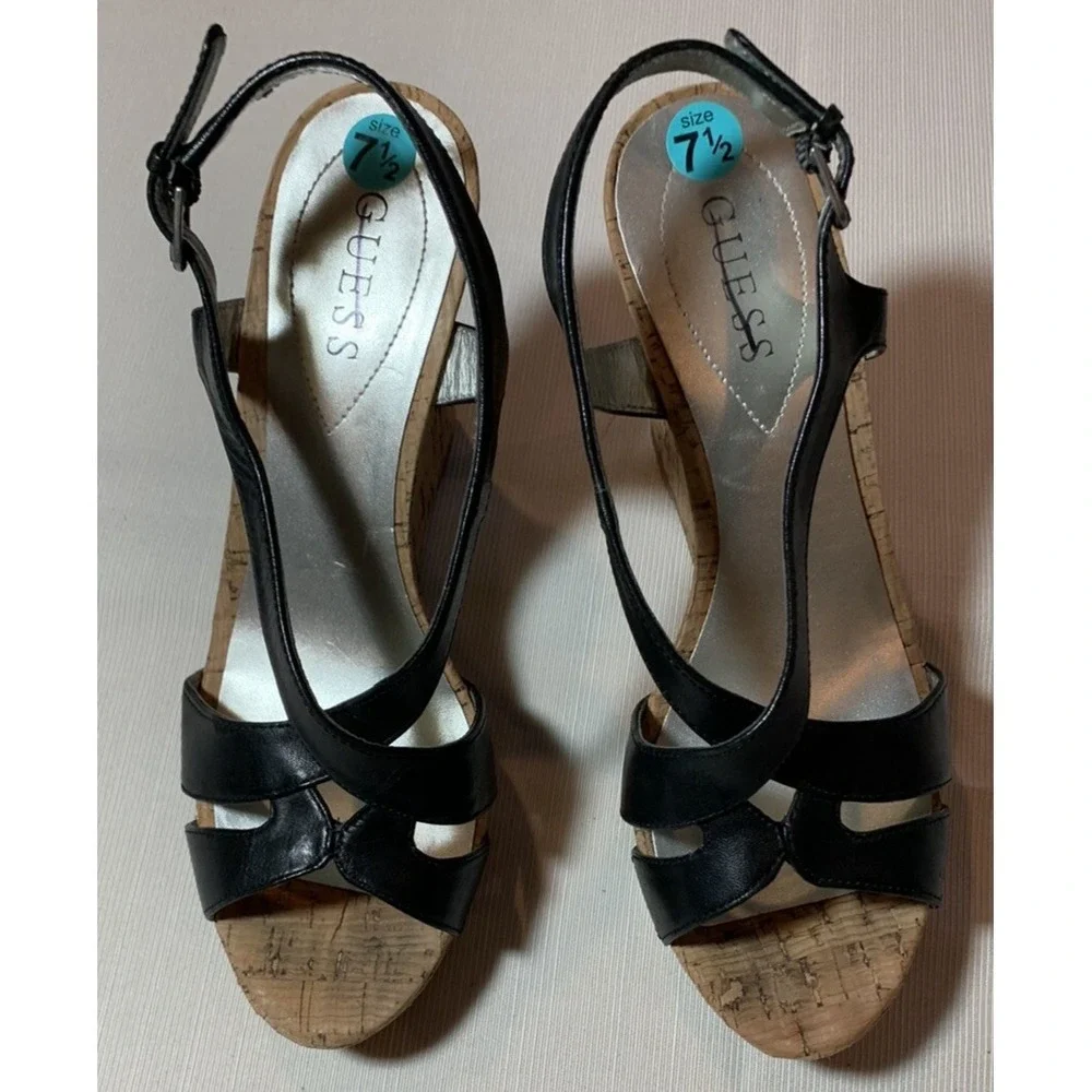 GUESS STRAPPY CORK WEDGE SANDALS 7.5 M BLACK
